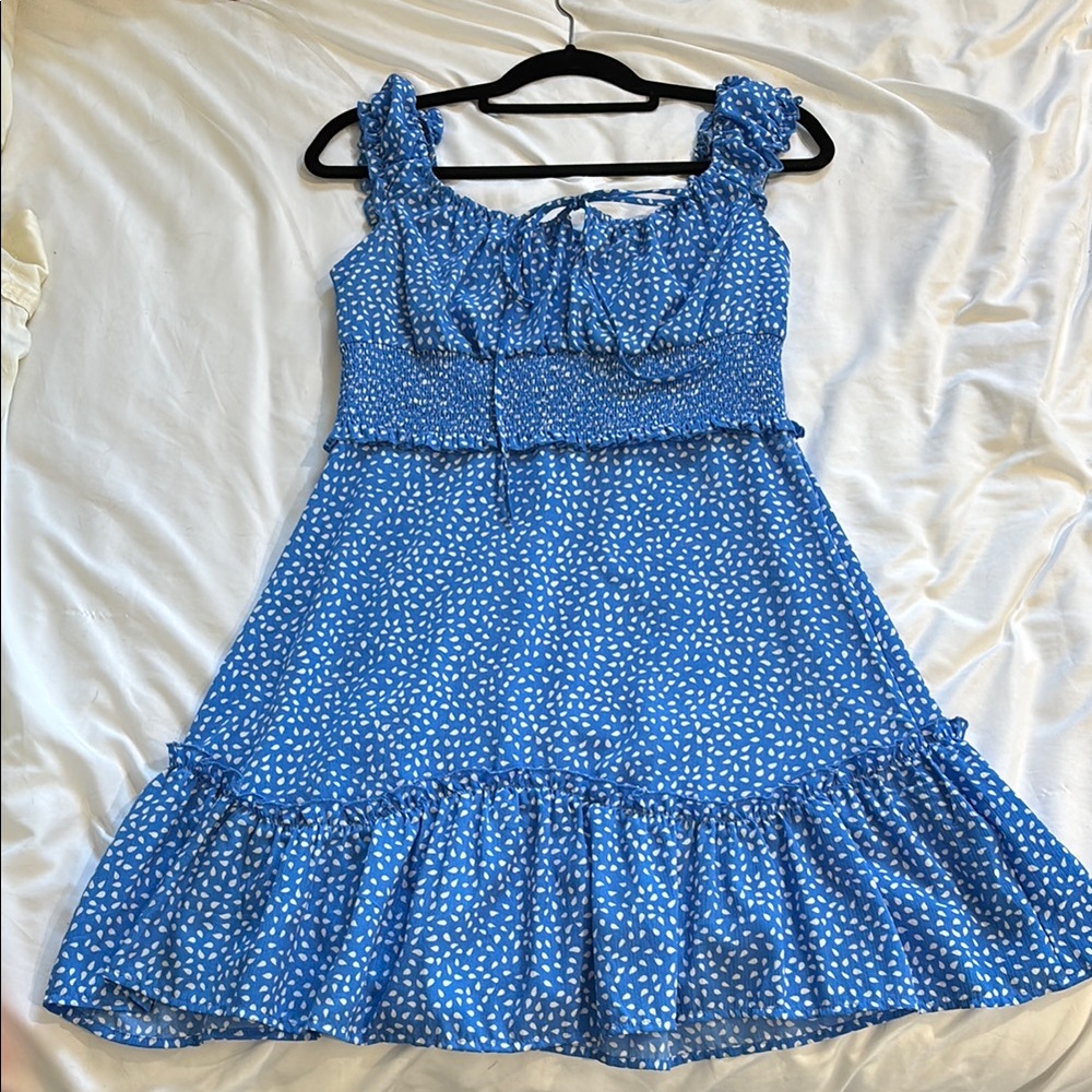 Blue Sleeveless Dress with White Polka Dots